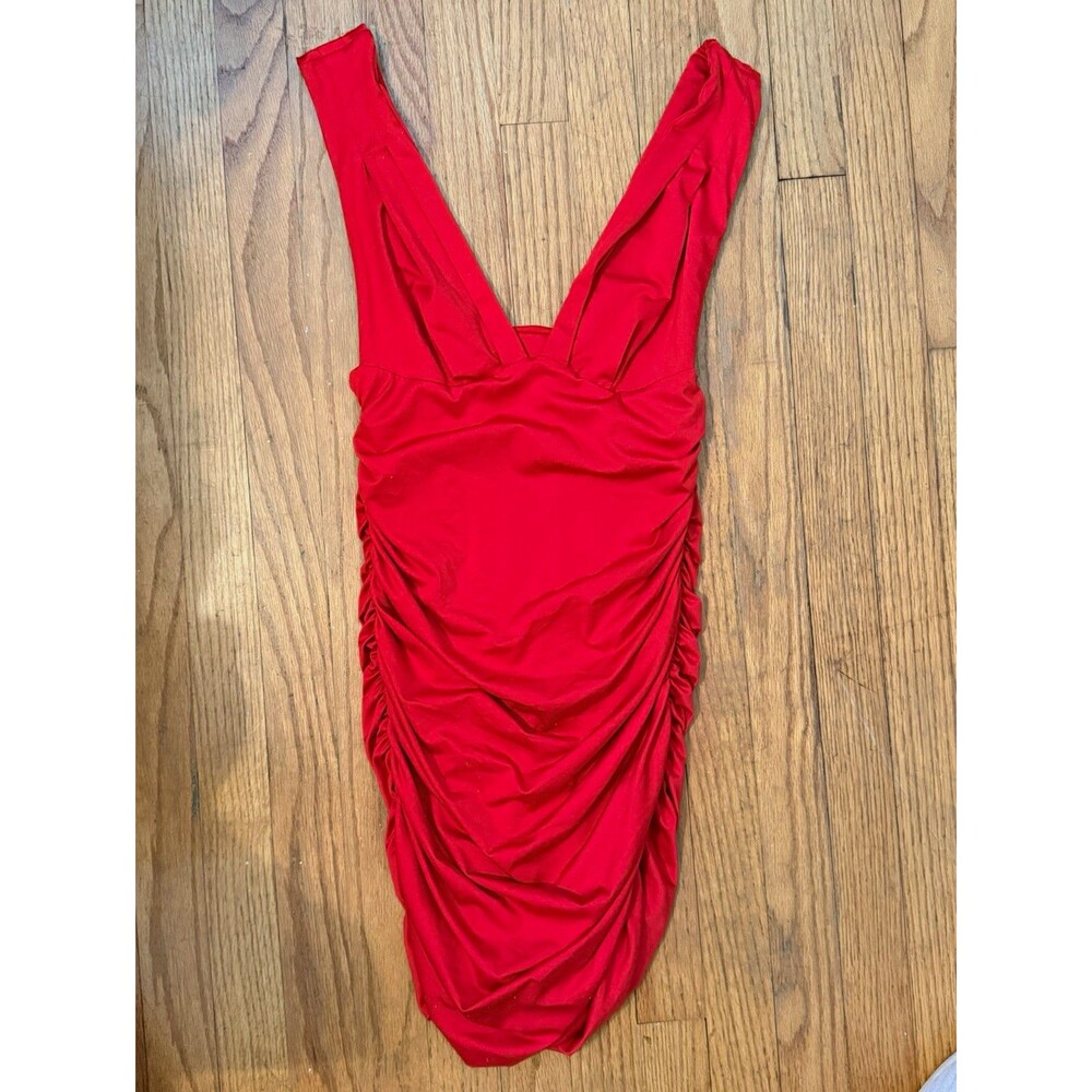 Red Solid V-Neck Ruched Spaghetti Strap Stretch Bodycon Mini Dress M/L